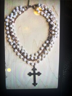 Pearl & Copper Collar-Length Necklace with Copper Cross Layered White Pearl